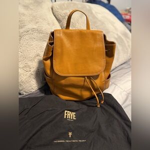 Frye Tan Leather Drawstring Flap Backpack